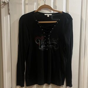 Express Black Lace-Up Graphic Long Sleeve Top